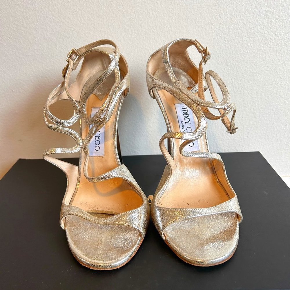Auth Jimmy Choo 'Lang' Glitter Sandal Glitter Champagne